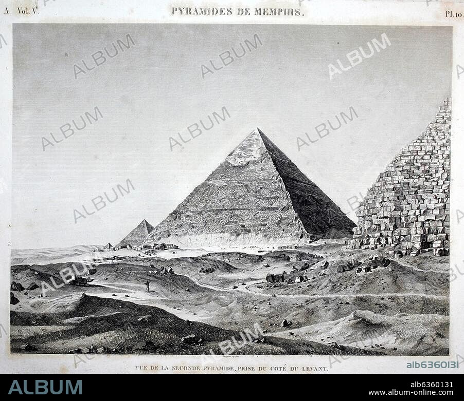 Giseh-Giza (Ägypten), Chephrenpyramide (Altes Reich, 4.Dynastie, um 2550 v. Chr.). /-"Pyramides de Memphis / Vue de la seconde pyramide, prise du coté du levant" (Chephrenpyramde von Osten).-/ Kupferst. von Beaugean nach André Dutertre (1753-1842). Aus: Description de l'Égypte, Paris 1809 ff., A. Bd.5, Tf.10.