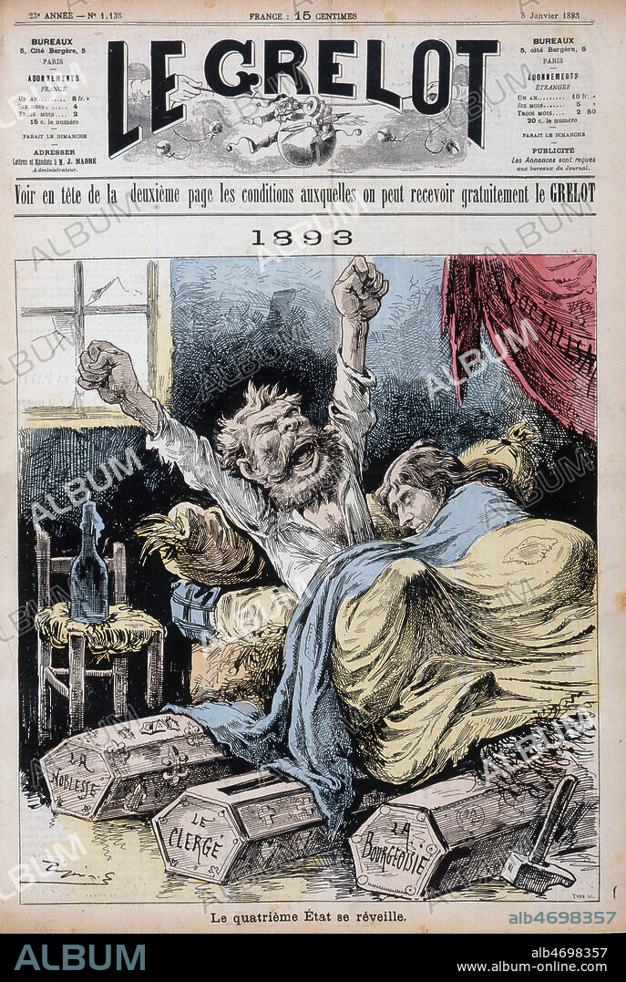 '1893. Le quatrieme etat se reveille', le peuple. Caricature par PEPIN pour la revue Le Grelot du 8 janvier 1893. Credit : Collection KHARBINE-TAPABOR.