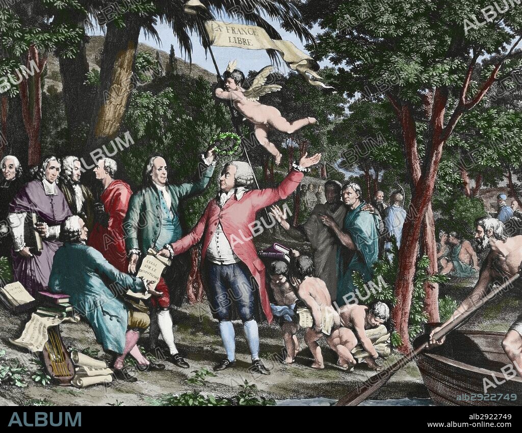MIRABEAU, Honoré Gabriel Riqueti, conde de (Le Bignon, 1749-París, 1791). Político francés. Partidario de la "nación" contra los "privilegiados", se unió con el grupo de nobles liberales, como Orléans y La Fayette. "MIRABEAU EN LOS CAMPOS ELISEOS DE PARIS". Grabado coloreado.
