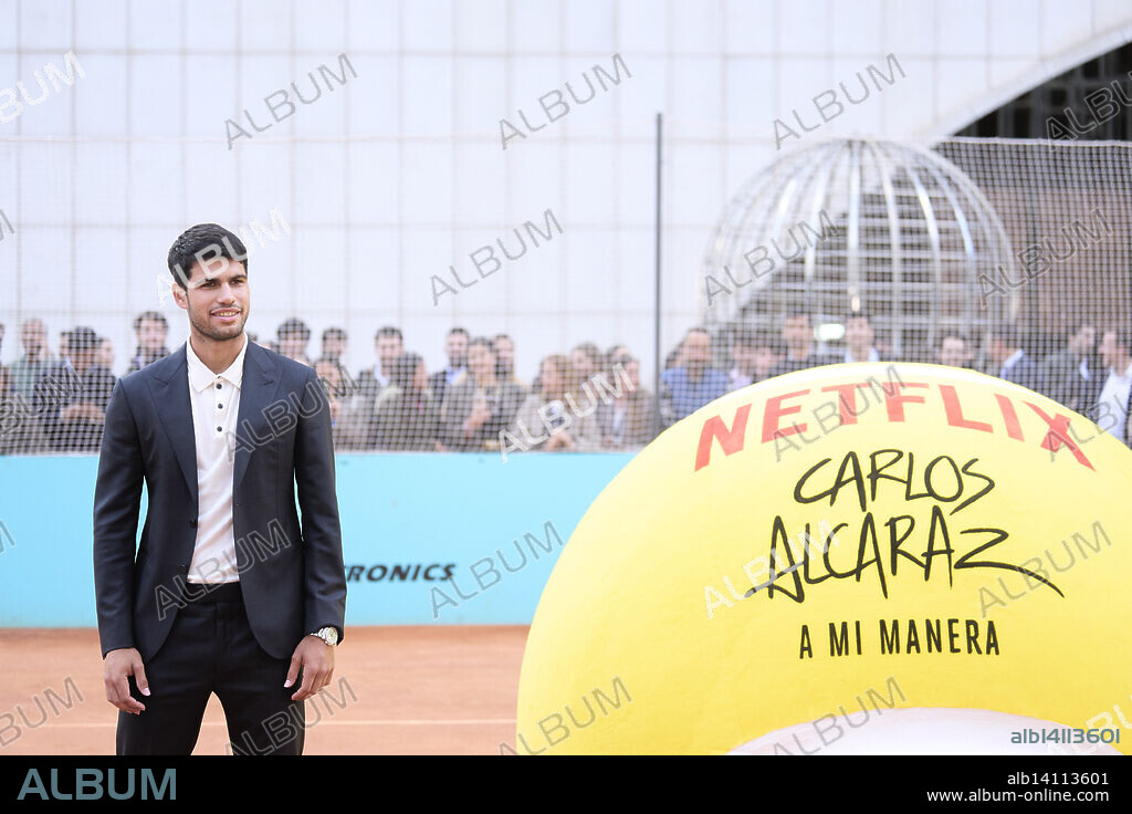 Carlos Alcaraz attends Carlos Alcaraz: A mi manera' Premiere at Torre Picasso on April 22, 2025 in Madrid, Spain.