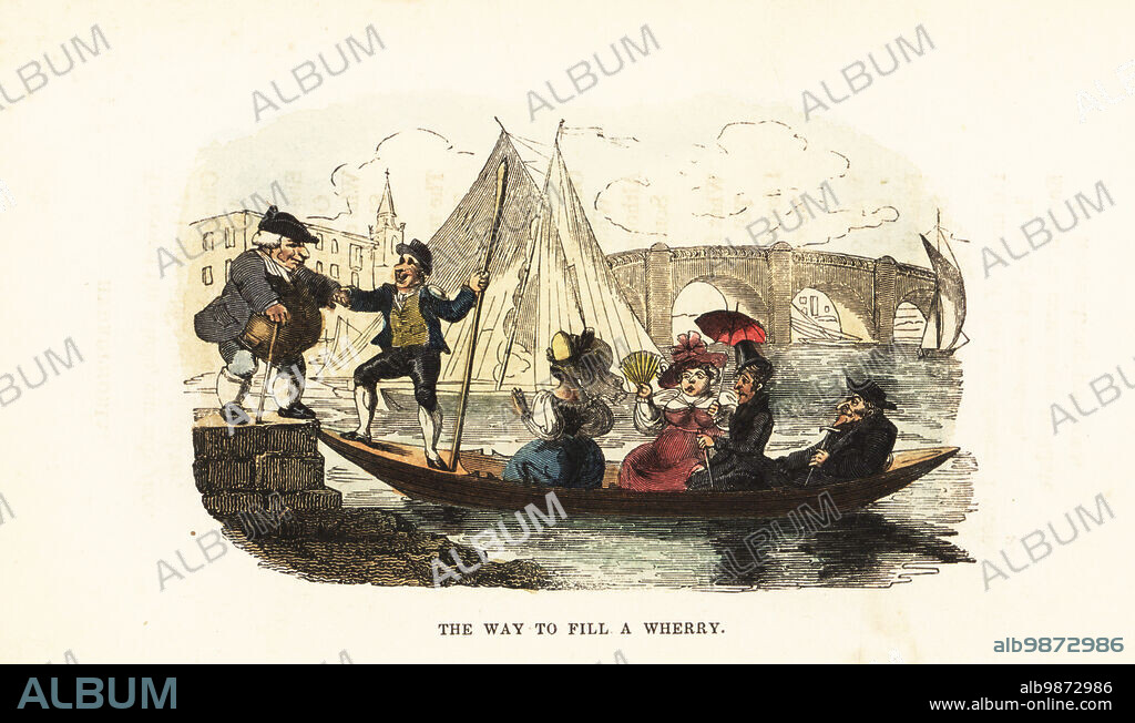 A wherry-man helps an obese man from the quay on to his wherry boat, who then sinks it with his weight. The passengers include ladies with fans and parasols, men in top hats with canes. The scene is Horseferry on the River Thames in London. The way to fill a wherry Handcoloured wood engraving after an illustration by Thomas Rowlandson from W. H. Harrisons The Humourist, a Companion for the Christmas Fireside, Rudolph Ackermann, 19 Strand, London, 1831.