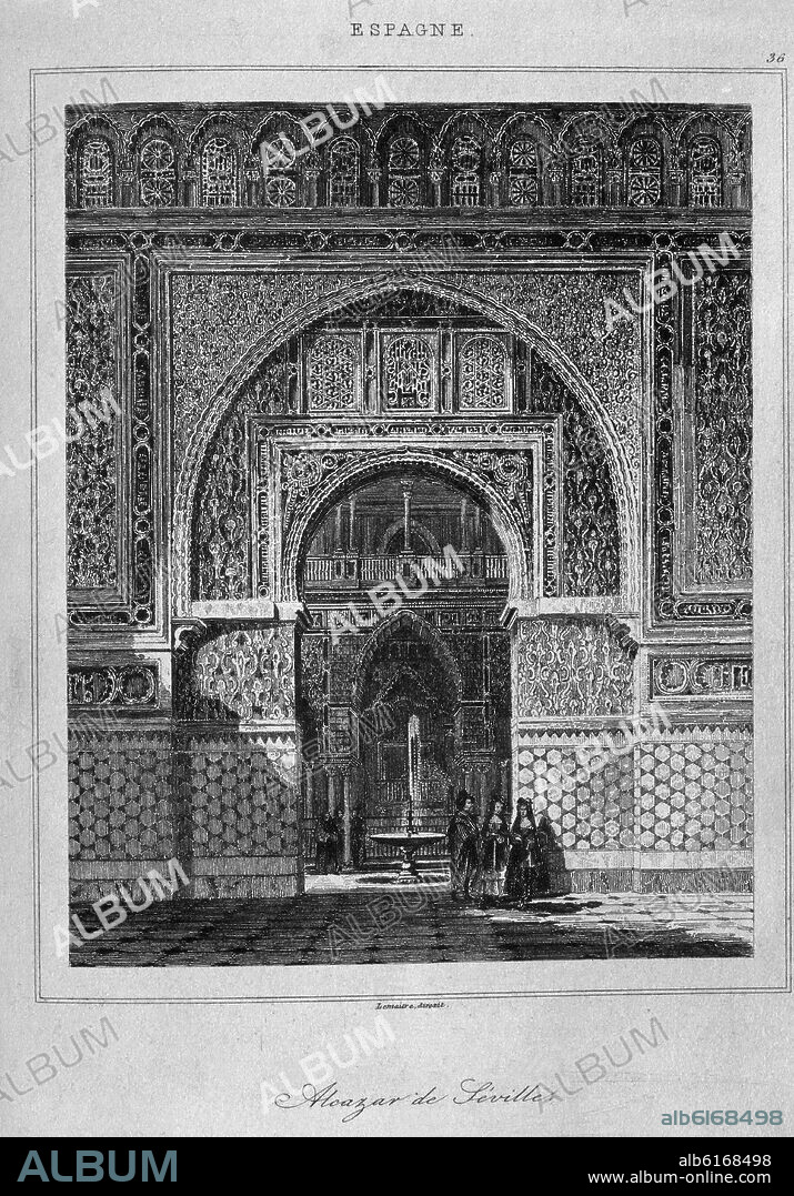 LEMAITRE. LITOGRAFIA-INTERIOR REALES ALZARES DE SEVILLA 1856.