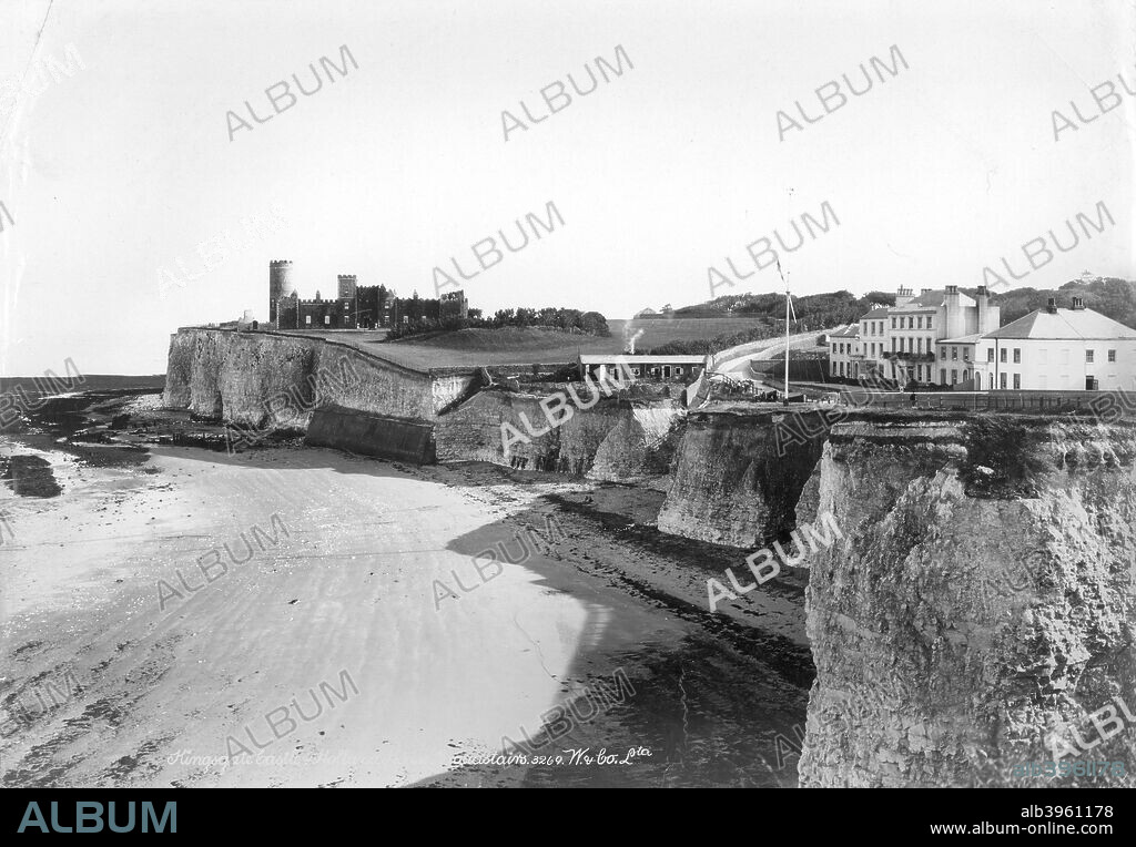Kingsgate Castle and the beach, Broadstairs, Kent, 1890-1910. A view from the cliffs looking towards Kingsgate Castle and Holland House. The Castle was built  c1760 for Lord Holland (father of Charles James Fox). It became a hotel in the early 20th century and was later converted into flats.