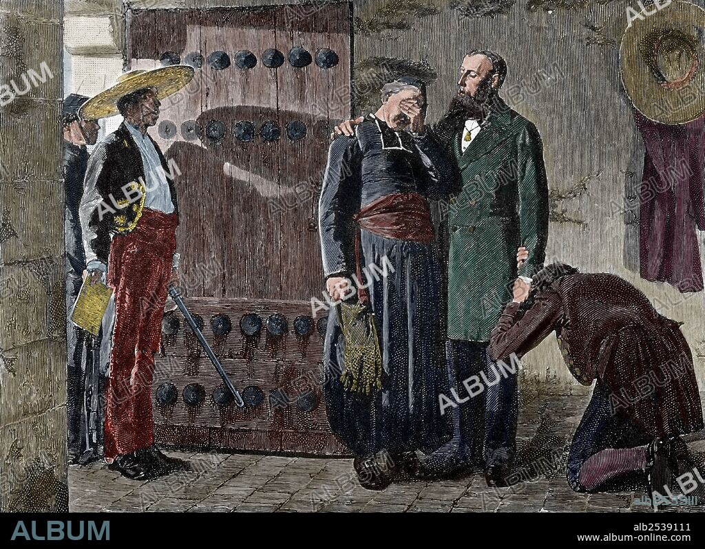 JEAN-PAUL LAURENS. Fernando Maximiliano José María de Habsburgo-Lorena (1832-1867). Segundo Emperador de México (Segundo Imperio Mexicano). Por nacimiento Archiduque de Austria. Condenado a muerte por los liberales, fué fusilado. "Ultimos momentos del Emperador". Grabado por F. Babbage. "La Ilustración Española", 1885. Coloreado.