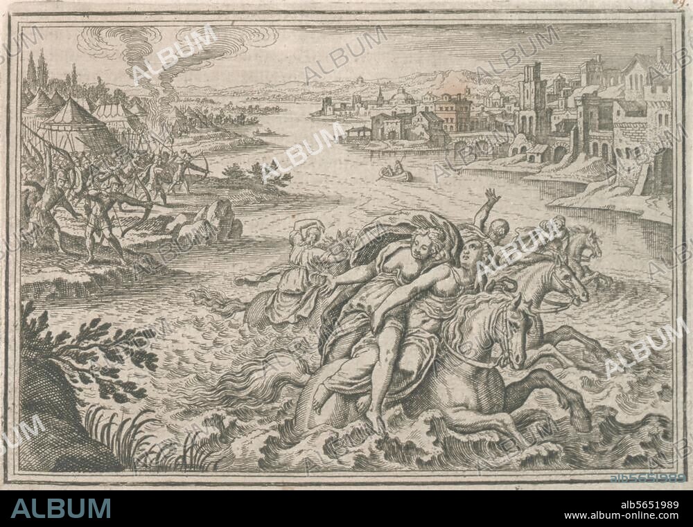 Eroberung Roms durch den etrusk. König Porsenna von Clusium 507 v. Chr. Die Flucht der Cloelia (Flucht der von Rom an Porsenna gestellten Geiseln über den Tiber). Kupferstich von Matthäus Merian d. Ä. (1593-1650). Aus: Johann Ludwig Gottfried, Historische Chronica, Frankfurt a. M. (M.Merian) 1630, S. 94. Berlin, Sammlung Archiv für Kunst und Geschichte.