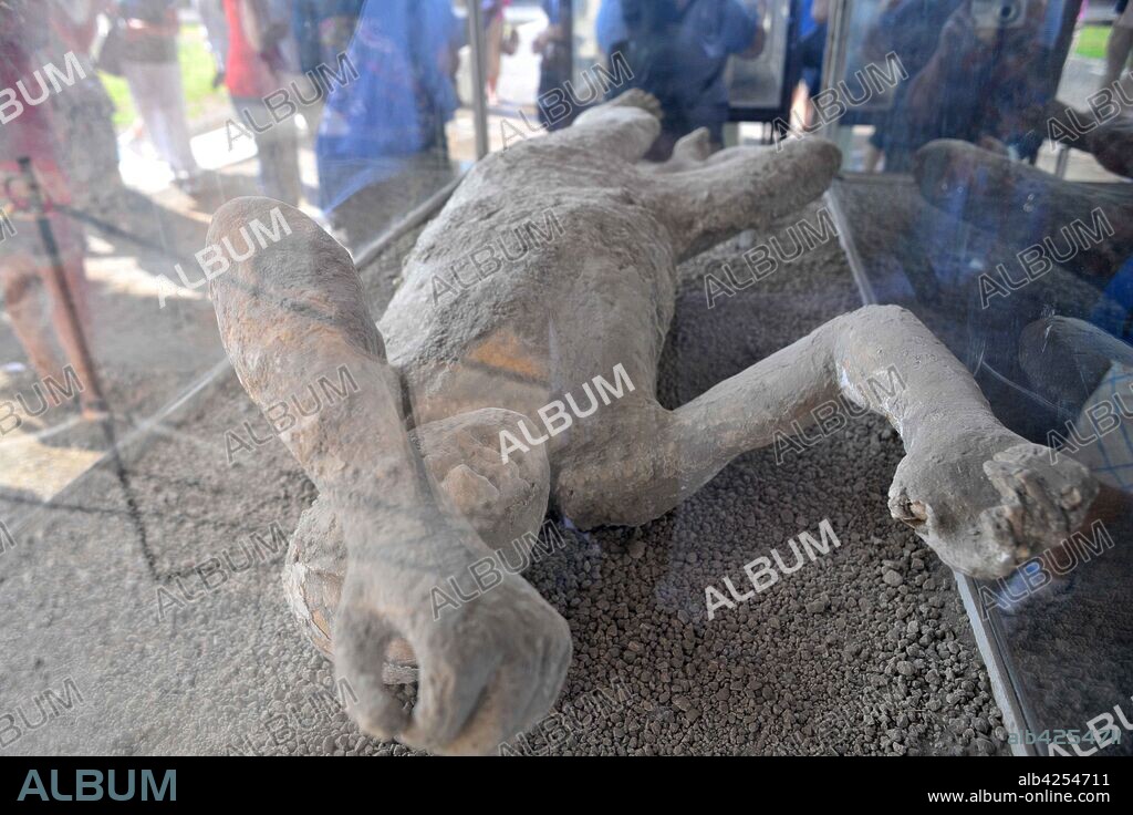 Calcinated corpse in Pompeii, an ancient Roman city near modern Naples, Italy,  buried under 4 to 6 m (13 to 20 ft) of volcanic ash and pumice in the eruption of Mount Vesuvius in AD 79. Many of the inhabitants were also buried before they could escape.