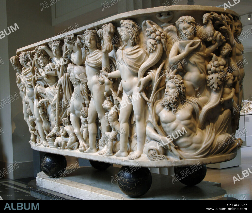Roman Art. Marble sarcophagus with the Triumph of Dionysos and the Seasons. Ca. 260-270. Late Imperial, Gallienic. Probably comes from Rome. Metropolitan Museum of Art. New York. United States.