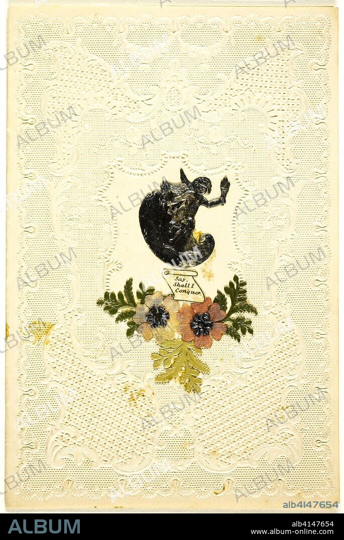 Say Shall I Conquer (valentine). Unknown Artist; English, 19th century. Date: 1835-1845. Dimensions: 140 × 93 mm (folded sheet). Collaged elements on embossed ivory wove paper. Origin: England.
