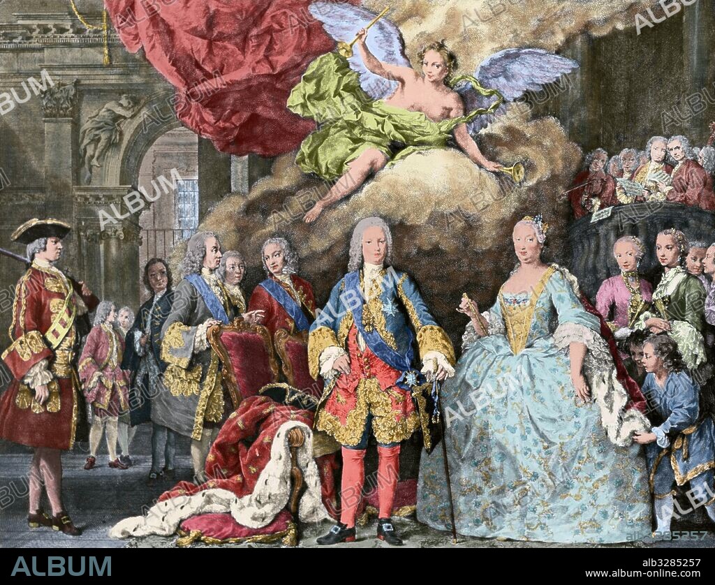 FERNANDO VI (1713-1759). Rey de España (1746-1759). "FERNANDO VI JUNTO A SU ESPOSA BARBARA DE BRAGANZA Y LA CORTE". Grabado por L. M. VAN LOO, siglo XVIII. Coloreado.