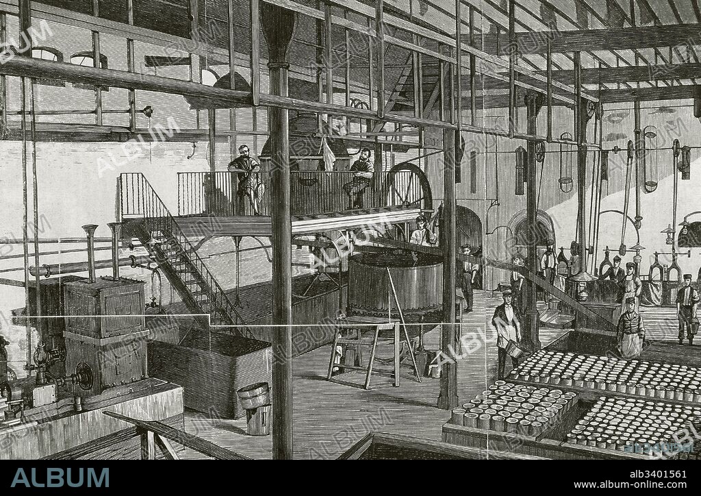 Vista interior de la Refinería de Azúcar de los Señores Roget, Fonrodona y Castelló. Badalona, provincia de Barcelona, Cataluña. Grabado. "El Museo Universal", 1868.