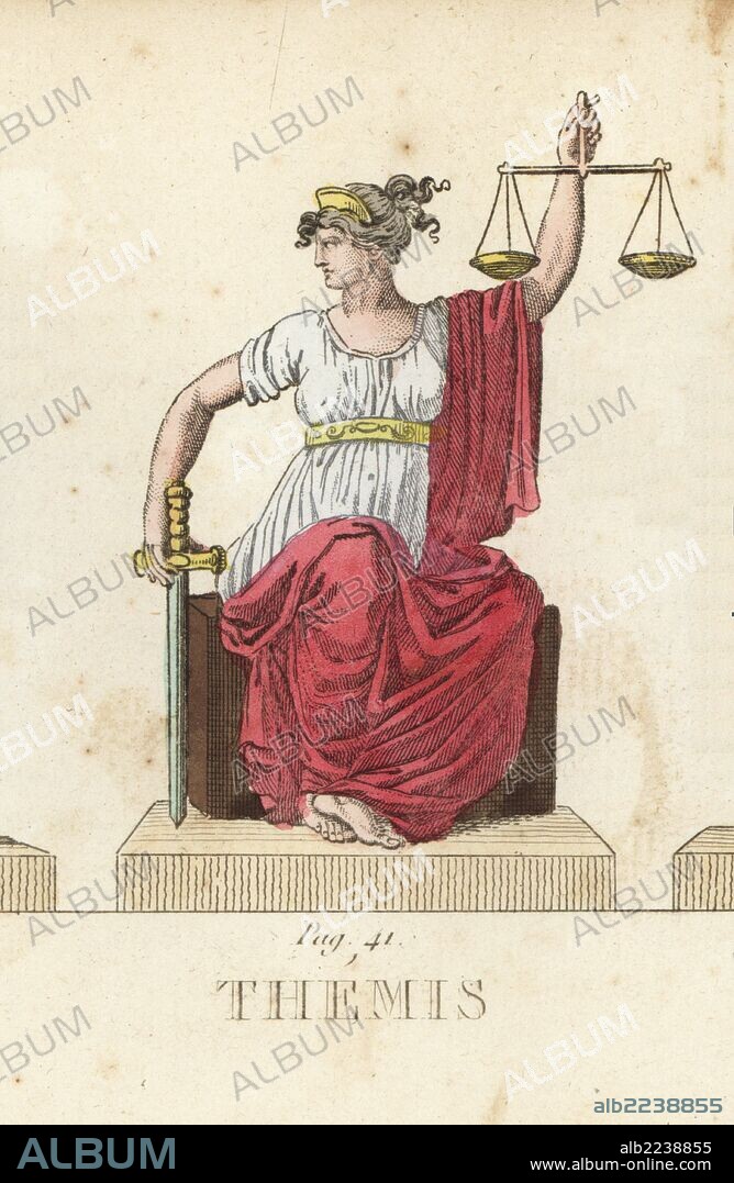 Themis, Greek goddess of divine law and justice, with scales and sword. Handcoloured copperplate engraving engraved by Jacques Louis Constant Lacerf after illustrations by Leonard Defraine from "La Mythologie en Estampes" (Mythology in Prints, or Figures of Fabled Gods), Chez P. Blanchard, Paris, c.1820.