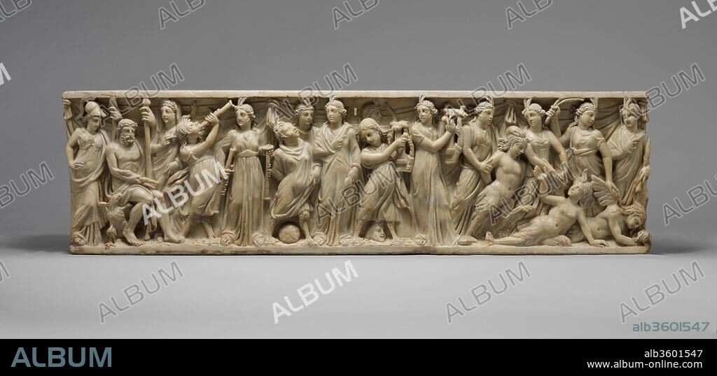 Marble sarcophagus with the contest between the Muses and the Sirens. Culture: Roman. Dimensions: Overall: 21 3/4 x 77 1/4 x 22 1/2 in. (55.3 x 196.2 x 57.2 cm). Date: 3rd quarter of 3rd century A.D..
The deities Athena, Zeus, and Hera, assembled at the far left, preside over a musical contest betweenthe Muses and Sirens. The Muses, associated with
the highest intellectual and artistic aspirations, are defeating the Sirens, creatures that are half woman and half bird who lured men to destruction with their song.
A drawing of the sarcophagus was commissioned by Cassiano dal Pozzo, one of the most respected patrons of art and scholarship in Rome during the first half of the seventeenth century. It belonged at that time to the del Nero family, who apparently converted it into a chest with a keyhole cut into the upper center of the frontal panel and had their coat of arms, a rampant hound, carved on the short ends
of the sarcophagus.