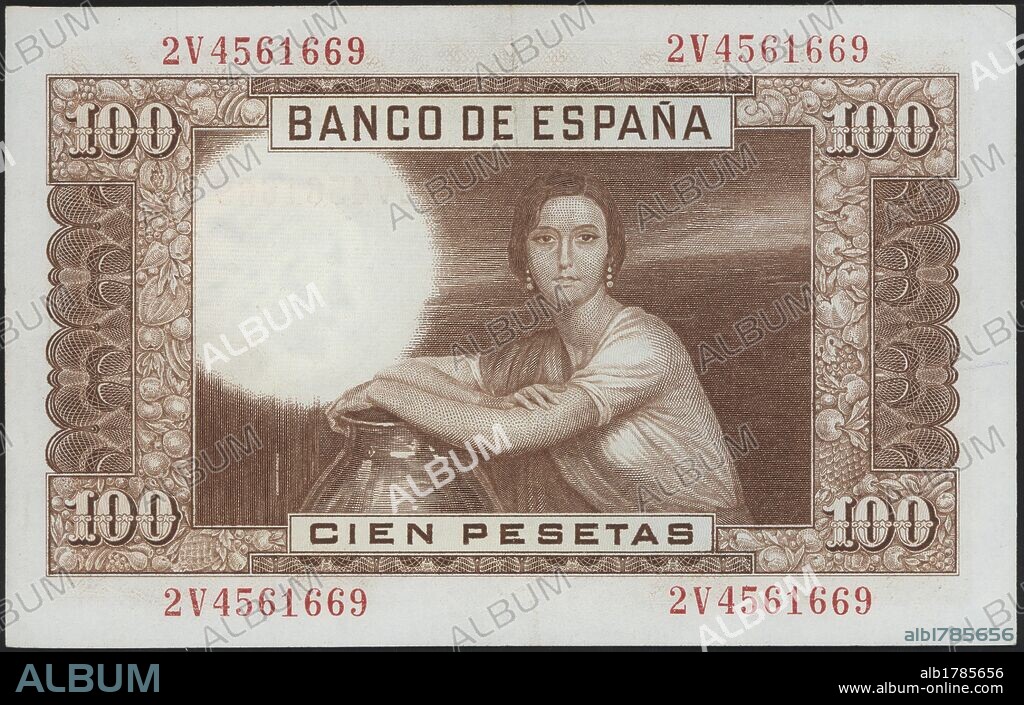 Billete del Banco de España por valor de Cien pesetas. Reproducción de la pintura "Fuensanta" y la modelo María Teresa López González, de Julio Romero de Torres. Emisión de 1953. Reverso.