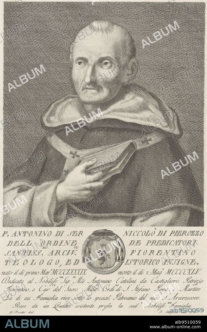 Portrait of Antonino Pierozzi St Antoninus of Florence Below the portrait a text in Italian and a coat of arms in a circular frame, Portrait of Antonino Pierozzi Portraits of famous Italians with coat of arms in lower margin , print maker: Francesco Allegrini, (mentioned on object), intermediary draughtsman: Giuseppe Zocchi, (mentioned on object), Antonio Catellini da Castiglione, (mentioned on object), print maker: Italy, intermediary draughtsman: Italy, Florence, 1766, paper, engraving, h 295 mm × w 200 mm.