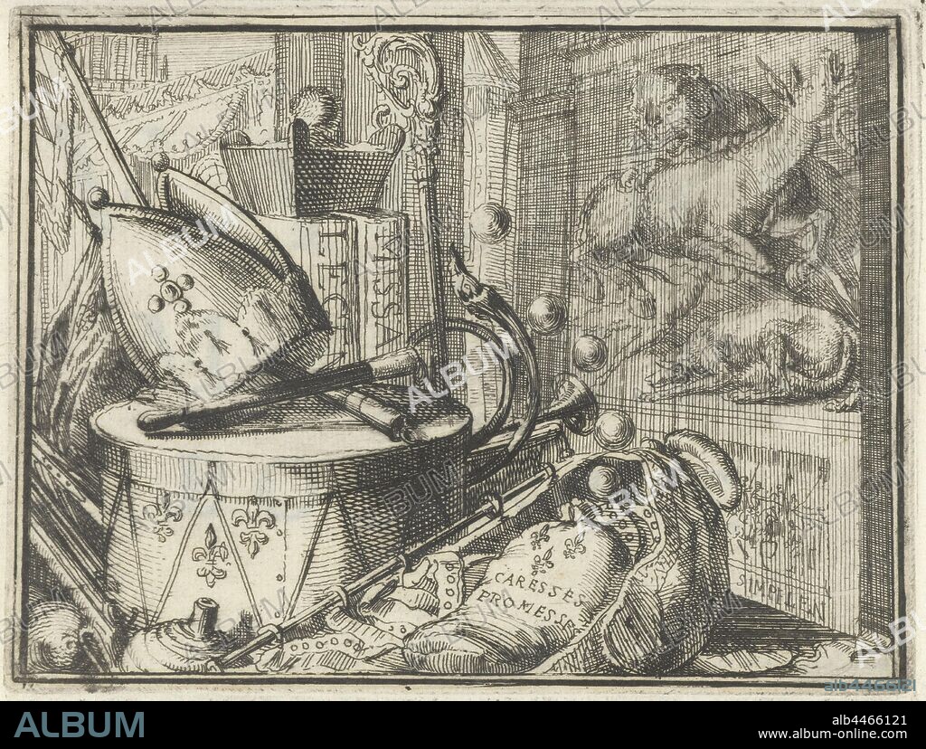 Title page for the pamphlet: Talk between the Valies, the Myter, and the Bonnet, 1701 Talk between the Valies, and the Bonnet (title on object) Esopus in Europe (series title), Drum with a miter and bishop's staff, church books with a Jesuit cap and a kind of suitcase from which bubbles rise. Cartoon on the scarcity of money in France and the varied role of Jozef Klemens, the Elector of Cologne, as bishop and general. Title is on separate text sheet., Romeyn de Hooghe, Netherlands, 1701, paper, engraving, h 100 mm × w 135 mm h 96 mm × w 126 mm.
