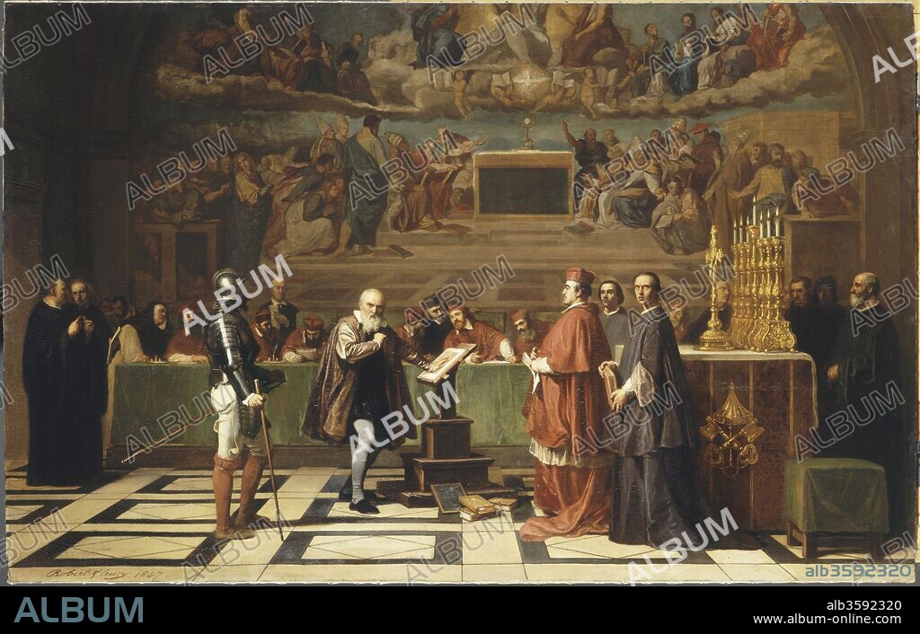 JOSEPH NICOLAS ROBERT-FLEURY. Galileo Galilei (1564-1642) before members of the Holy Office in the Vatican in 1633.