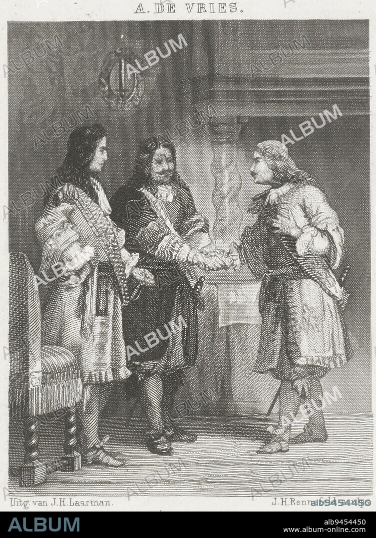 Prince William III reconciling admirals Michiel de Ruyter and Cornelis Tromp, April 1673, Prince William III reconciling Michiel de Ruyter and Cornelis Tromp, 1673, print maker: Johann Heinrich Maria Hubert Rennefeld, (mentioned on object), Anthony de Vries, (mentioned on object), publisher: J.H. Laarman, (mentioned on object), print maker: Netherlands, publisher: Amsterdam, 1868 - 1870, paper, etching, h 160 mm × w 102 mm.