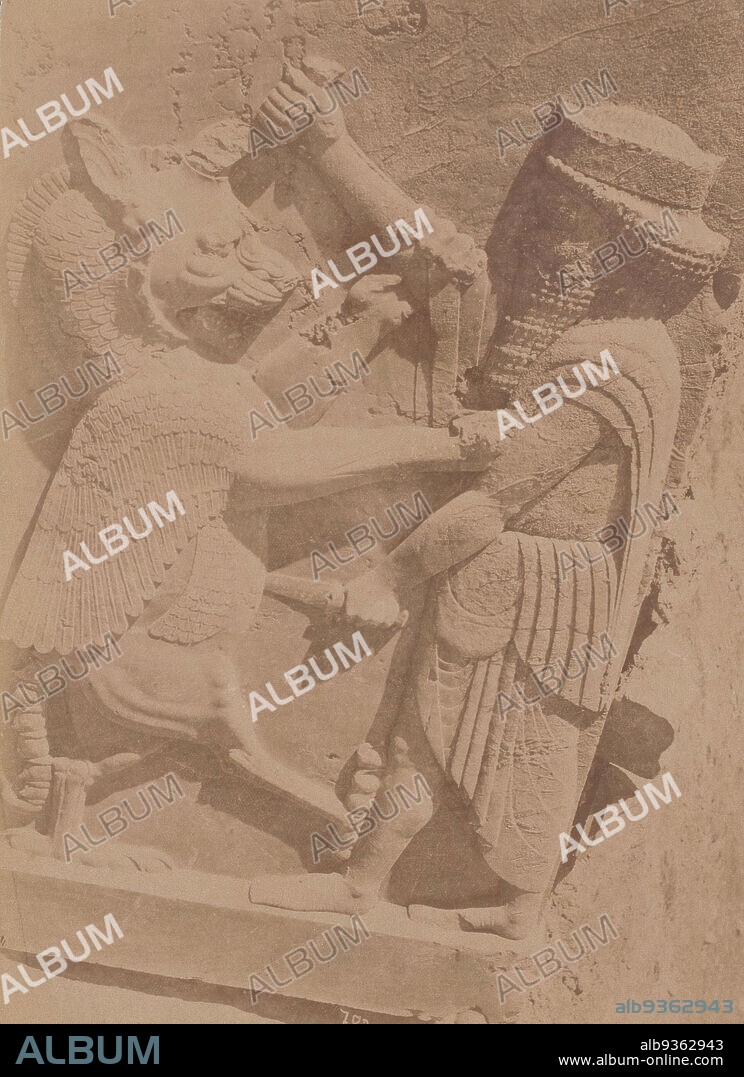 Man fighting a lion, detail sculpture, Persepolis, Iran, Persepolis (Greek name for Parsa (ancient Persian) or Takht-e Jamshid/Chehel Minar (modern Persian), a city that lies 70 km northeast of the city of Shiraz, Iran., Antoine Sevruguin (attributed to), Iran, c. 1880 - c. 1910, paper, albumen print, height 157 mm, width 228 mm.