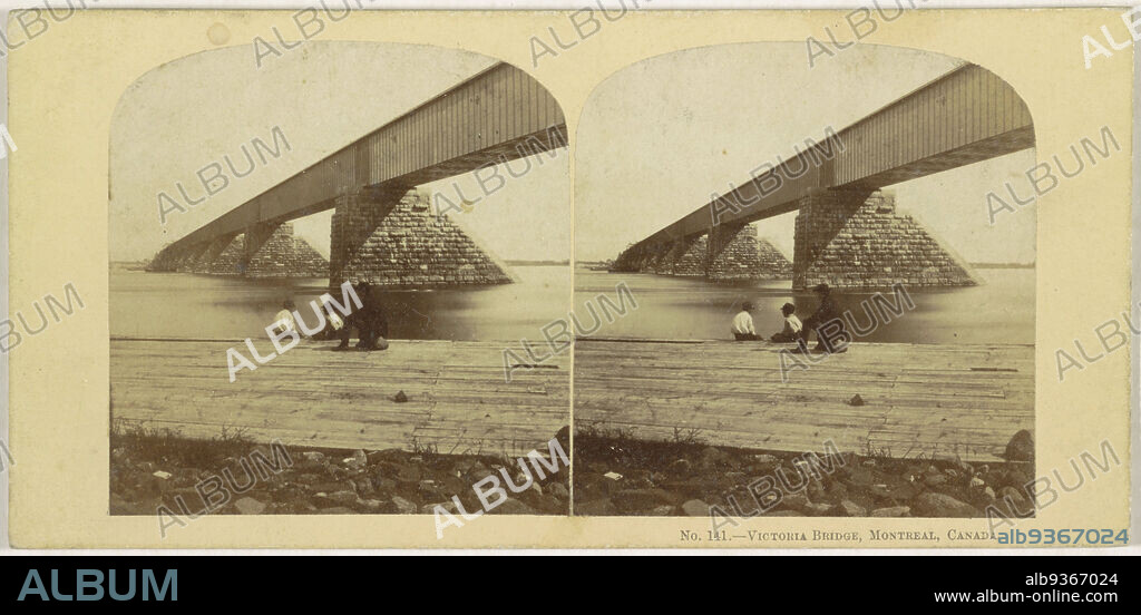 Victoria Bridge over the Saint Lawrence, Montreal, Victoria Bridge, Montreal, Canada (title on object), William England (attributed to), Montréal, 1859, cardboard, paper, albumen print, height 83 mm × width 173 mm.