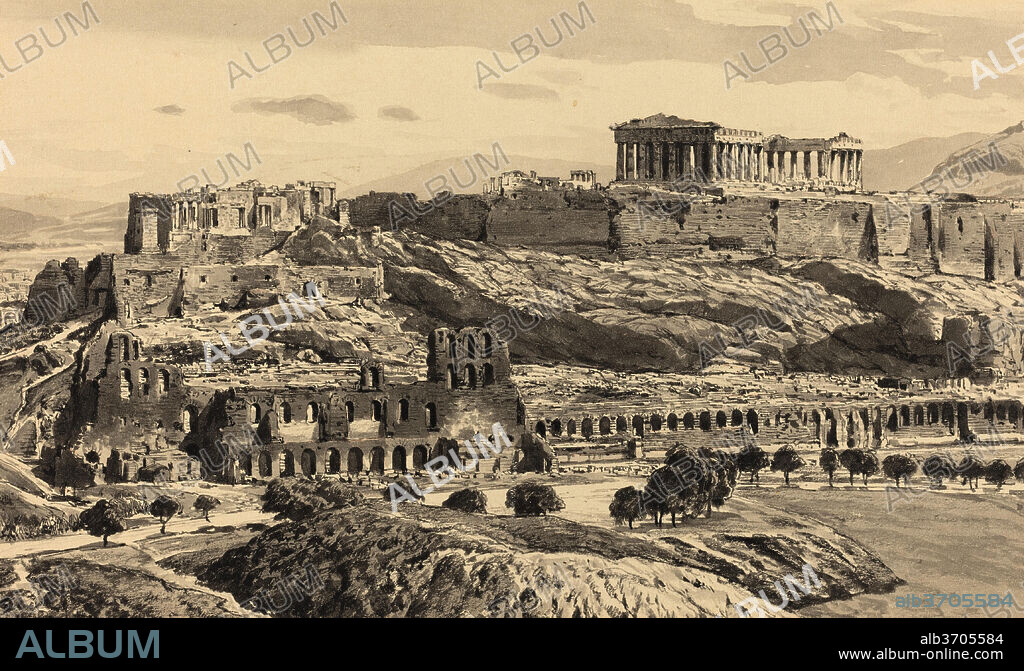 THEMISTOCLES VON ECKENBRECHER. View of the Acropolis. Dated: 1890. Dimensions: Overall: 16.2 x 26.5 cm (6 3/8 x 10 7/16 in.)  support: 33.7 x 48.8 cm (13 1/4 x 19 3/16 in.). Medium: pen and black ink and watercolor over black chalk and touches of graphite.