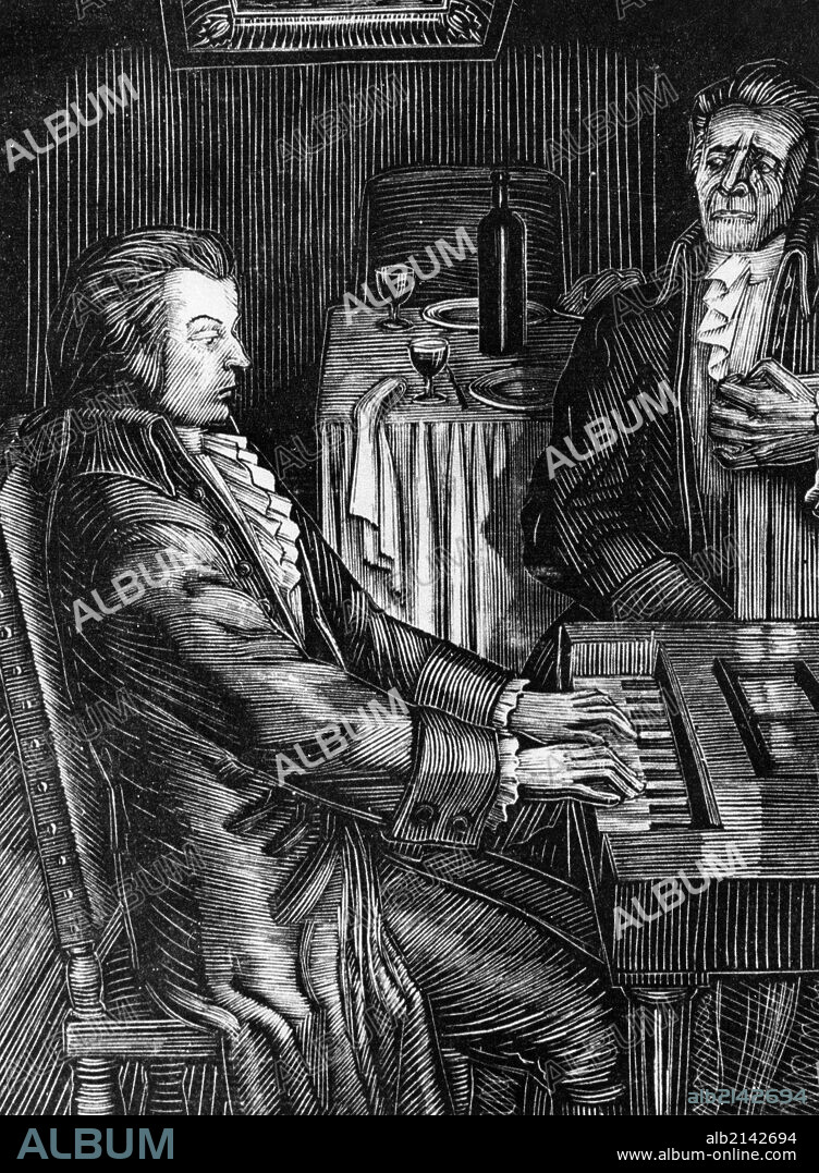 Little tragedies' by alexander pushkin, 'mozart and salieri' illustration by v, favorsky, woodcut.