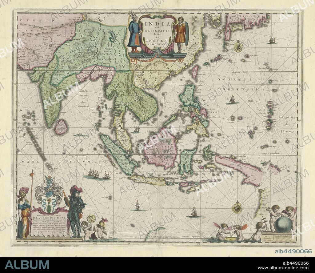 Map of Indonesia and part of Southeast Asia, India with Orientalis dicitur et Insulae adiacentes (title on object), Map of Indonesia and a part of Southeast Asia. The different areas are colored differently. In the top center on either side of the title cartouche standing men in 'Asian' costume. Below left the assignment to Laurens Real surrounded by coat of arms, Minerva, knight in armor and putti. Bottom right scale in German miles surrounded by putti with cartogriafic instruments. Ships in the sea here and there. On the right two compass roses, maps of separate countries or regions, Indonesia, southeast Asia, Indo-China, India, Willem Janszoon Blaeu (mentioned on object), 1635, paper, engraving, h 415 mm × w 500 mm.