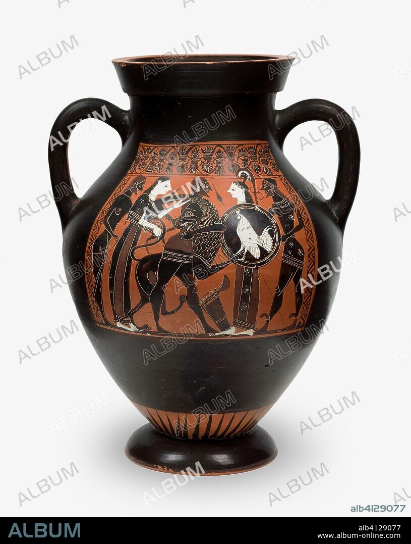 ANCIENT GREEK. Belly-Amphora (Storage Jar). Greek; Athens; Attributed to the Painter of Berlin 1686 or the Painter of Tarquinia RC 3984. Date: 550 BC-540 BC. Dimensions: 28.2 × 21.6 × 19 cm (10 3/4 × 8 1/2 × 7 1/2 in.). Terra-cotta, decorated in the black-figure technique. Origin: Athens.