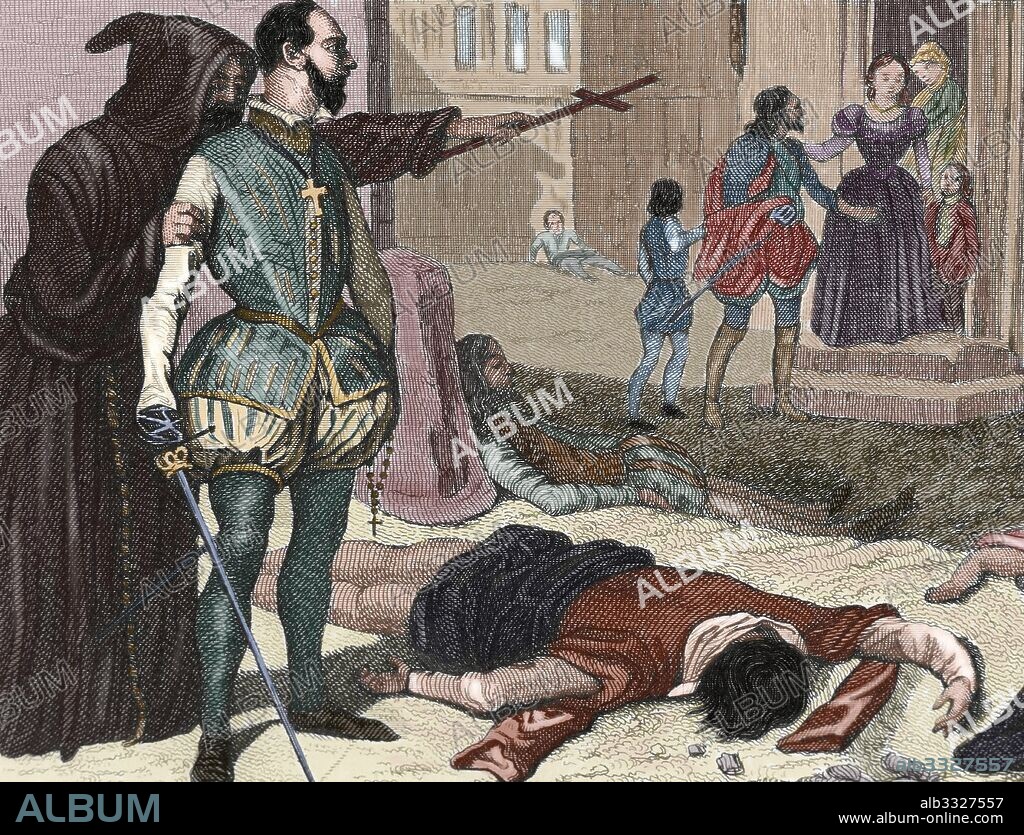 HISTORIA DE FRANCIA. "NOCHE DE SAN BARTOLOME". Matanza de cerca de veinte mil hugonotes el 24 de agosto de 1572. Grabado del siglo XIX que representa la matanza de la noche de San Bartolomé. Coloreado.