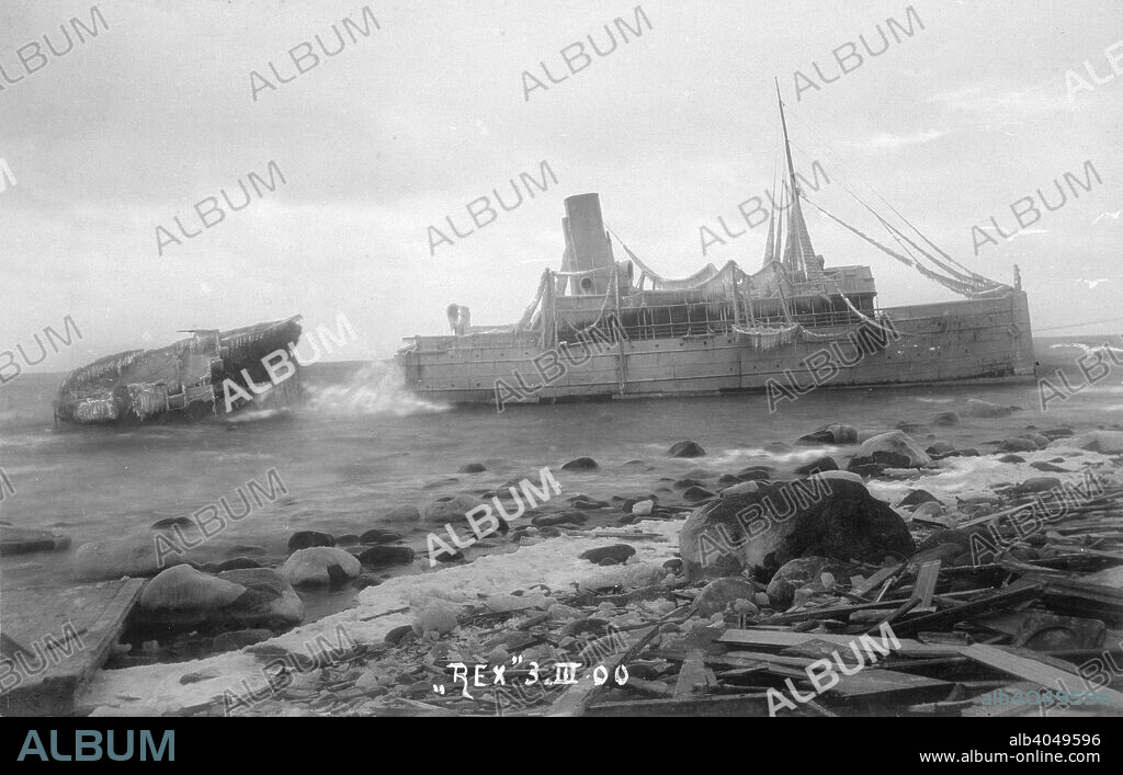 The mail Steamer 'Rex', wrecked near Lohme, on the north coast of Rügen, Germany, 3rd March 1900. The Swedish vessel ran aground in fog on 27th February. Five women were drowned trying to escape from the stricken vessel. The wreck later broke in two.