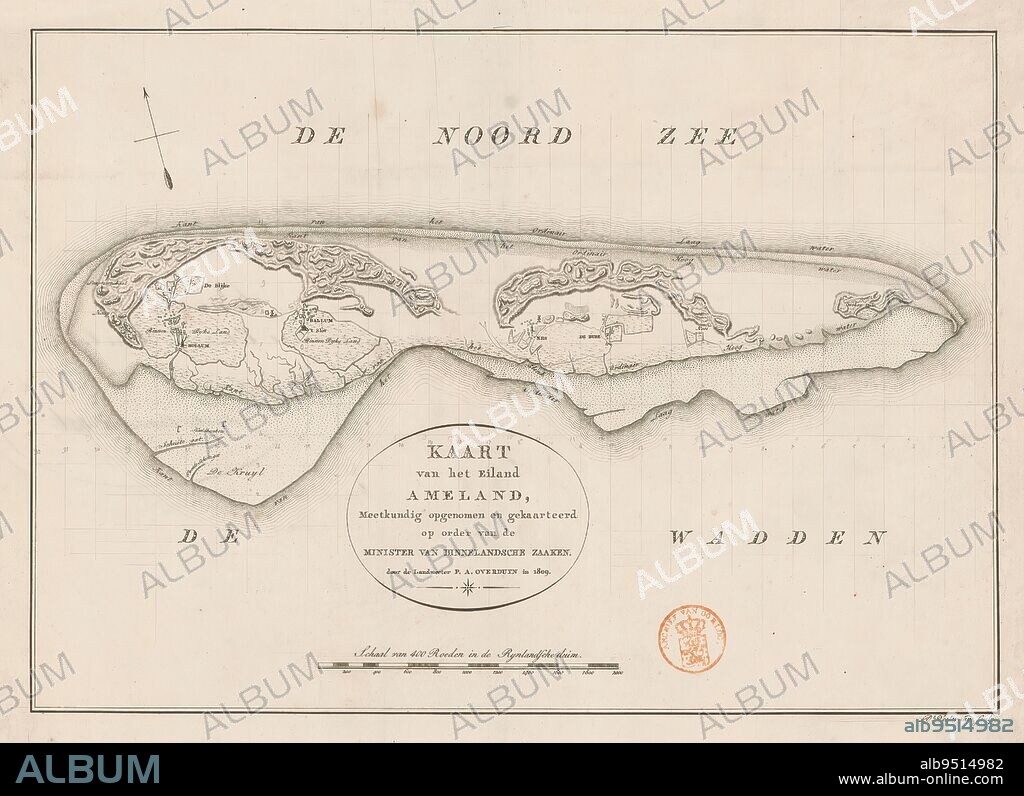 Map of Ameland, Map of the island of Ameland (...) (title on object), Under the title a scale stick: Scale of 400 rods in the Rynlandsche duim. With grid., print maker: Daniël Veelwaard (I), (mentioned on object), Pieter Adrianus Overduyn, (mentioned on object), Adriaen Pieter Twent, (mentioned on object), Amsterdam, 1809, paper, engraving, height 337 mm × width 444 mm.
