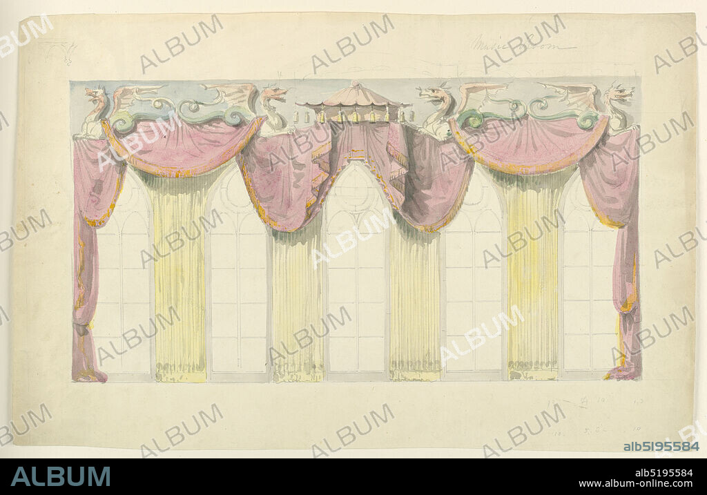 Design for Curtains on the East Wall of the Music Room, Royal Pavilion, Brighton, Frederick Crace, English, 17791859, Brush and watercolor, graphite on white wove paper, Elevation of the east wall, showing a design for the decoration of the five windows which comprise this wall. Festooned drapery is upheld by a cornice made up mainly of winged dragons. Fluted curtains are hung in front of the piers between the windows., Original album associated with this collection still exists. See 1948-40-1 accessory., ca. 1817, interiors, Drawing, Drawing.