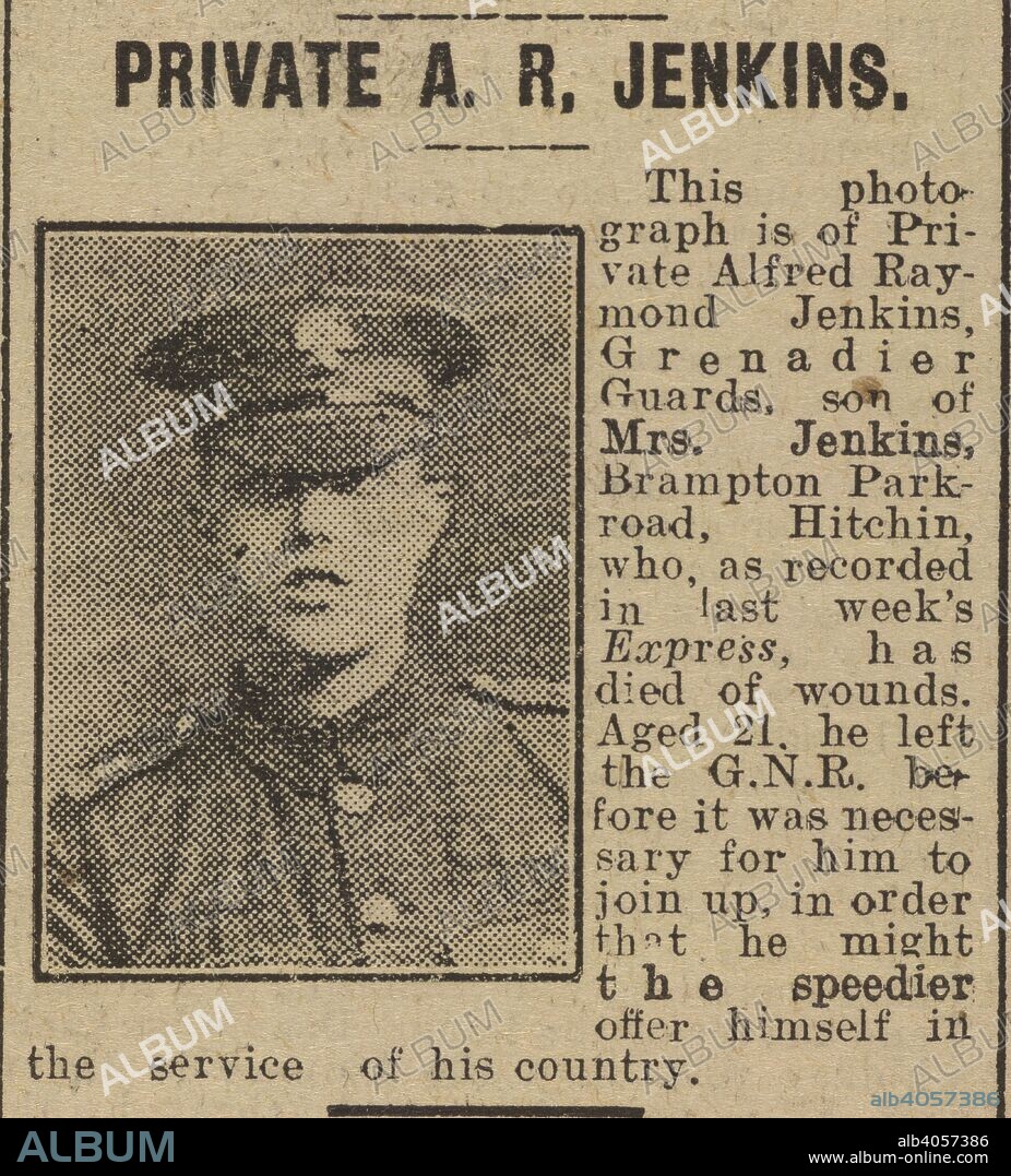 Casualty report concerning Private Alfred Raymond Jenkins, Grenadier guards. . Hertfordshire Express. England, 1916. Source: Hertfordshire Express, 30 September 1916.