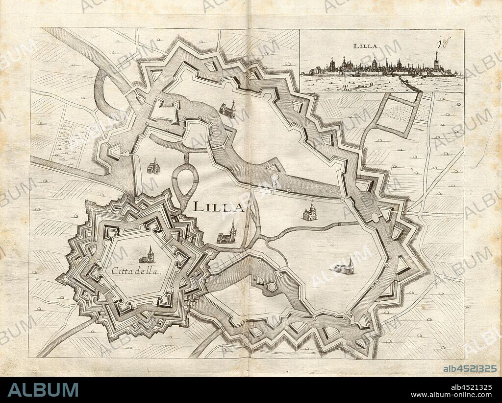 Small, Plan and view of fortification of Lille (France), Fig. 18, 16, after p. 148, 1683, Galeazzo Gualdo Priorato: Teatro del Belgio, o sia descritione delle diecisette provincie del medesimo: con le piante delle città, e fortezze principali; da chi al presente possesse; come, in qual modo, & in qual tempo acquistate: aggiontovi un succinto racconto di quanto è occorso dalla mossa d'armi del re christianissimo contro gli Stati Generali delle Provincie Unite sin'al fine del 1672. Francofort: [nicht ermittelbar], M.DC.LXXXIII. [1683].