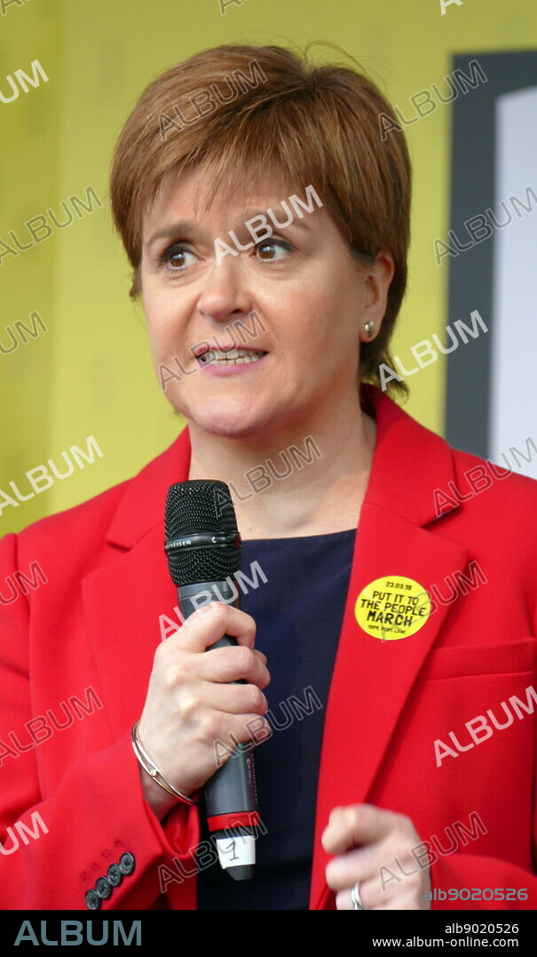 Nicola Ferguson Sturgeon, First Minister of Scotland addresses the 'People's Vote' march in Parliament Square, London. The People's Vote march took place in London on 23 March 2019 as part of a series of demonstrations to protest against Brexit, call for a new referendum, and ask the British Government to revoke Article 50. It brought to the capital hundreds of thousands of protestors, or over a million people according to the organizers.