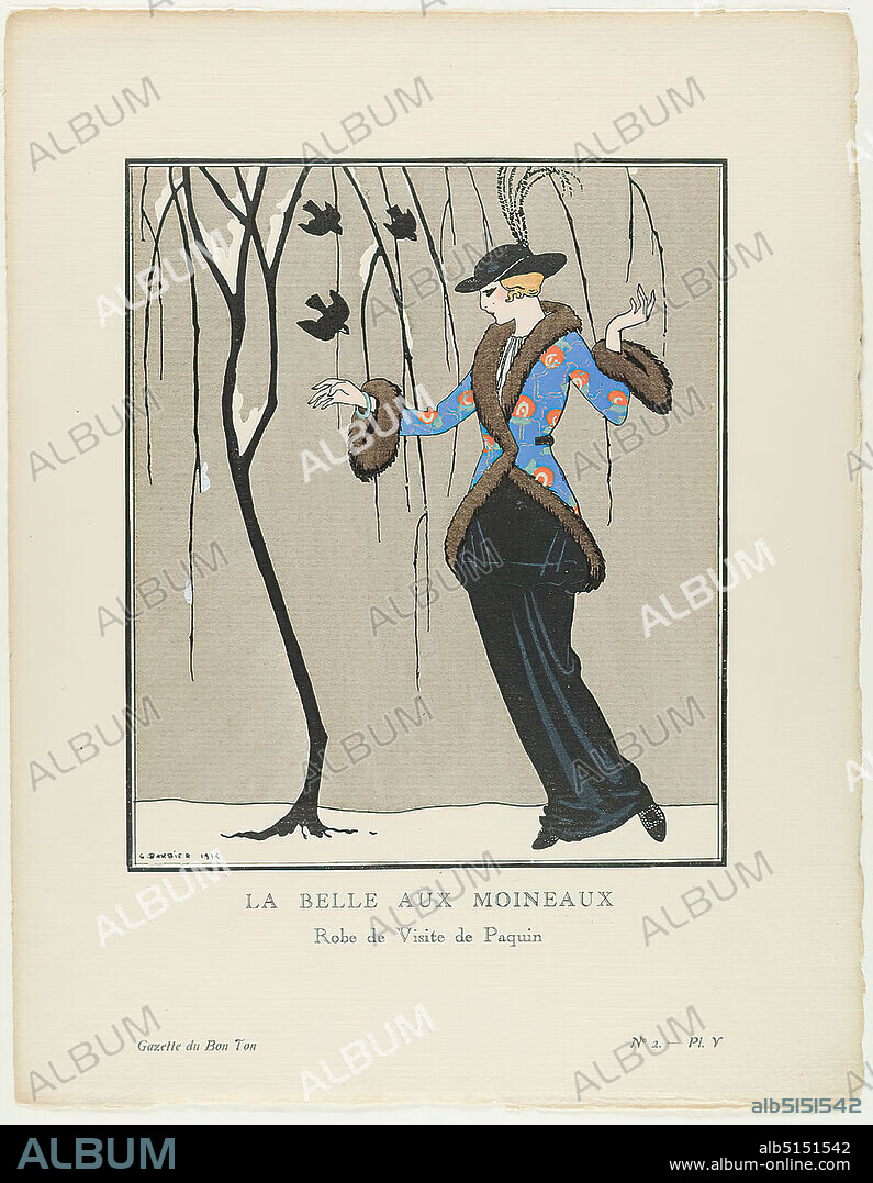 George Barber, La Belle aux Moineaux. Robe de Visite de Paquin (illustration from Gazette du Bon Ton, No. 2), paper, opaque watercolor, line etching, stencil printing (pochoir), pochoir and line etching, total: height: 24,5 cm; width: 19 cm, signed and dated: recto u. li. in the printing plate: G. BARBIER 1922, inscribed: recto u. in the printing plate: LA BELLE AUX MOINEAUX, Robe de Visite de Paquin, prints, printed matter, woman, standing figure, trees, bushes, fashion, clothing, jacket, coat, cape, art deco.