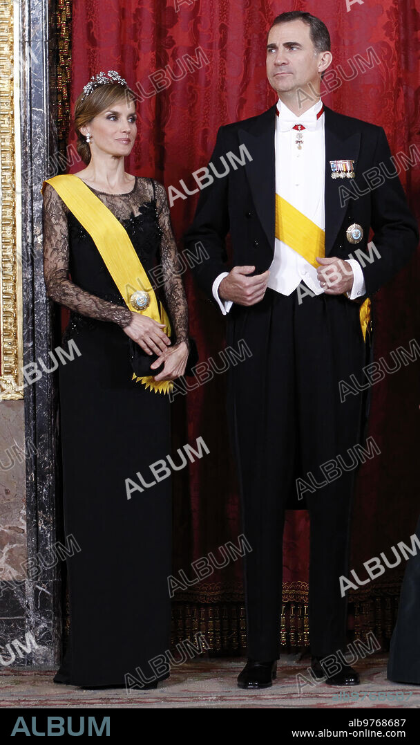 09/06/2014. Palacio Real. Madrid. España. Cena de gala en honor del Presidente de Mexico Enrique Peña Nieto y su mujer Angelica Rivara. Los principes de Asturias Don Felipe y Doña Letizia y Los Reyes Don Juan Carlos y Doña Sofia presiden la cena. Foto:De San Bernardo. archdc.
