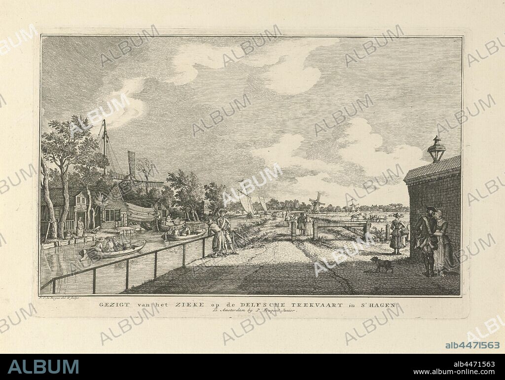 View of the Trekweg and Trekvliet towards Delft in The Hague View of the Sick on the Delfsche Trekvaart in 's Hagen (title on object) Eight faces in The Hague (series title), View on the Trekweg and Trekvliet towards Delft in The Hague, seen from the Sick at the later Rijswijkseplein (right). Print from a series of eight faces in The Hague, canals, waters (in city), windmill, Zieken, Paulus Constantijn la Fargue (mentioned on object), 1764, paper, engraving, h 263 mm × w 399 mm.