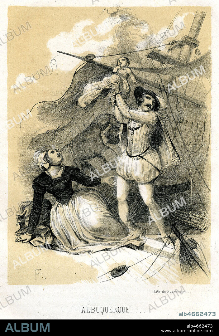 ALBUQUERQUE (1453-1515) prend un bebe des bras de sa mere et le sauve apres le naufrage de son navire. Illustration de 1841 par FOURQUEMIN (19 s.) pour Soirees d'Automne par J.J. VAILLANT et A. de LIMOURS. Credit : Collection Jonas/Kharbine-Tapabor.