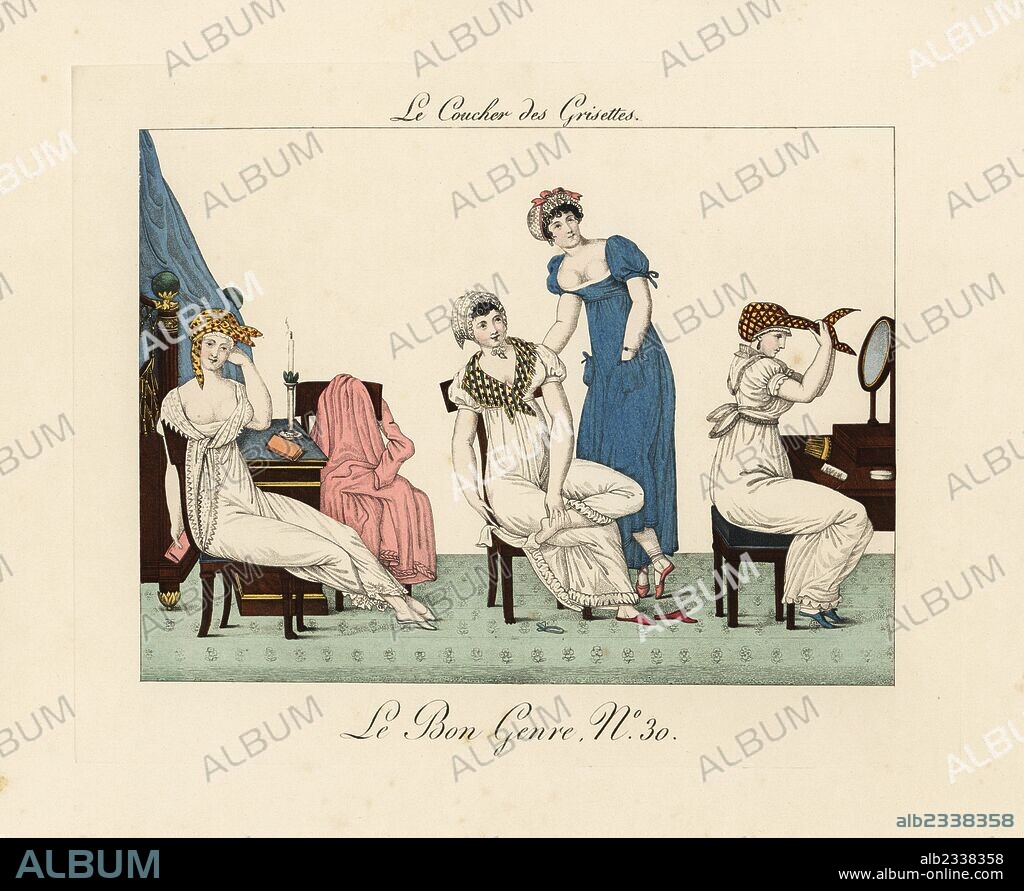 Shop girls preparing for bed. Wearing turbans, shawls and lowcut cotton nightshifts, four shopgirls relax before bed. Handcoloured engraving from Pierre de la Mesangere's Le Bon Genre, Paris, 1817.