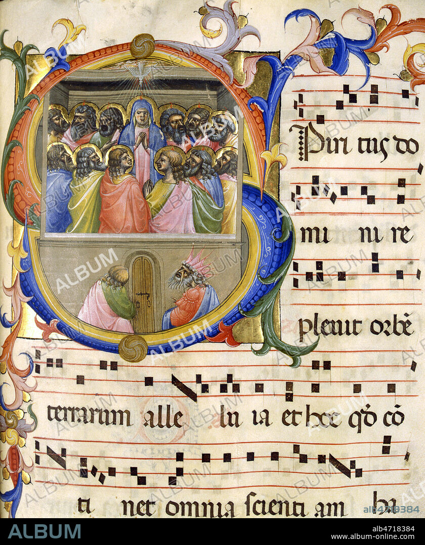 Lettrine S representant la Pentecote: Descente du Saint Esprit sur Marie et les apotres lors de la Pentecote. Graduel romain de 1417 attribue a Bartolomeo di Frusino, XVeme siecle. Bibliotheque de Douai. Credit: Cheuva / KHARBINE-TAPABOR.