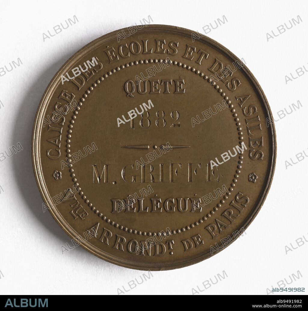 Medal awarded to Mr. Griffe for his contribution to the quest for the fund for schools and asylums in the 5th arrondissement of Paris, 1882, Desaide, Alphonse, Engraver in medals, In 1882, Numismatics, Medal, Dimensions - Work: Diameter: 4.1 cm, Weight (type dimension): 35.35 g.