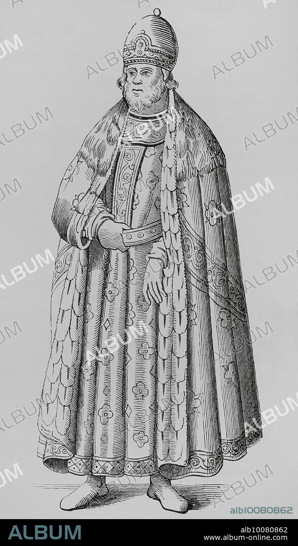 Dux de Venecia en traje de ceremonia. Siglo XVI. Grabado a partir de Cesare Vecellio (1521-1601) en "De gli habiti antichi et moderni di diversi parti del mondo", publicado en Venecia, 1590. "Moeurs, usages et costumes au moyen-âge et à l'époque de la Renaissance", por Paul Lacroix. París, 1878.