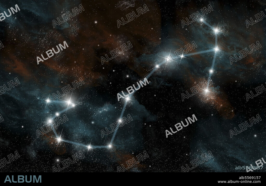An artist's depiction of the constellation Scorpio the Scorpion. The constellation includes several star clusters including the Butterfly Cluster and the star Antares. Scorpio is one of the twelve astrological signs of the Zodiac.