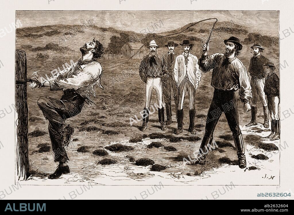 NEW SOUTH WALES, AUSTRALIA, 1883: SUMMARY JUSTICE, FLOGGING A BUSH THIEF.