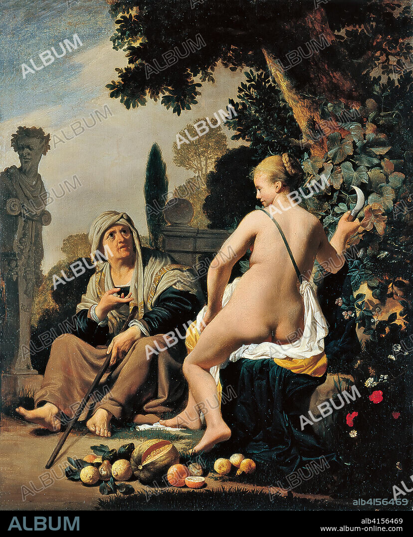 CESAR BOETIUS VAN EVERDINGEN. Caesar van Everdingen (Alkmaar,  c. 1617-1678). Vertumno y Pomona (1637 - 1640). Óleo sobre tabla. 47,9 x 38,9 cm.
