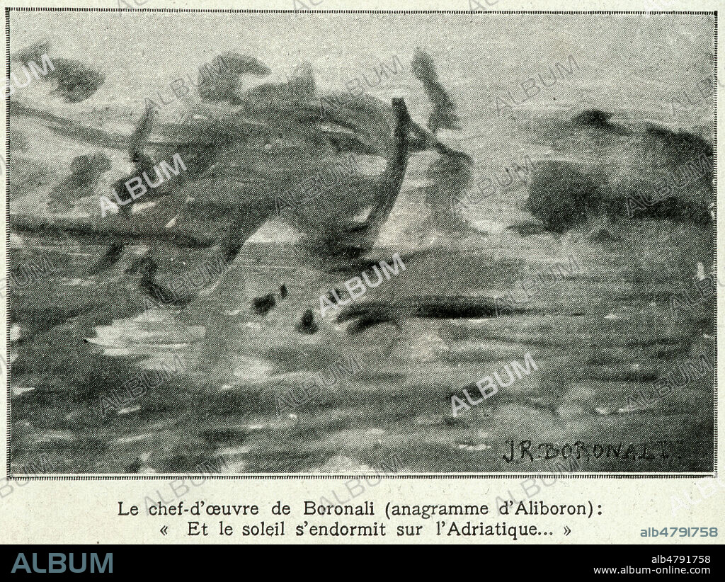 'Le chef d'oeuvre de Boronali (anagramme d'Aliboron) : 'Et le soleil s'endormit sur l'Adriatique....'.' Au Salon des independants de 1910 on exposa cette peinture d'un denomme BORONALI, avant de reveler que la dite peinture avait ete realisee par la queue d'un ane a laquelle Roland DORGELES et ses amis avaient accroche un pinceau. L'ane, Aliboron, appartenait au patron du 'Lapin agile', celebre cabaret de la butte. Photographie tiree de l'Illustration d'avril 1910. Credit : Collection KHARBINE-TAPABOR.