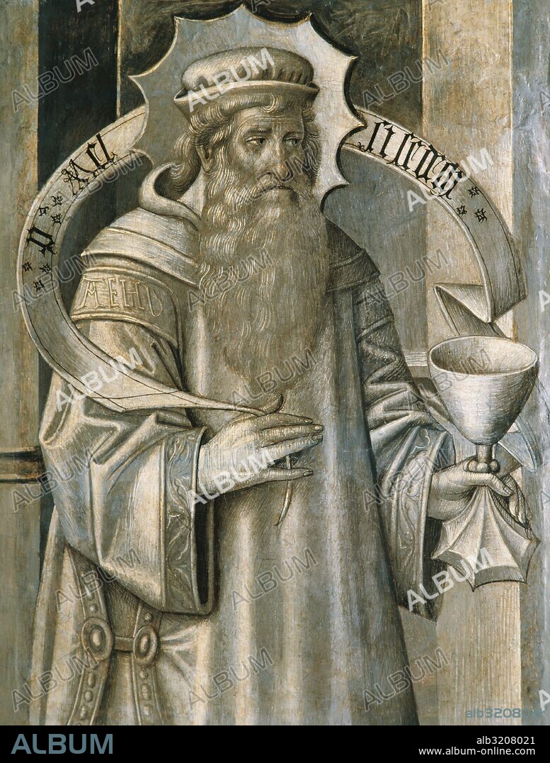 ARTE GOTICO. ESPAÑA. HUGUET, Jaume (Valls 1414-Barcelona 1492). Pintura al temple sobre madera, procede del reverso de la pradela del retablo de la Vírgen Maria de la iglesia de Santa Maria de Ripoll. Año 1455. Representación de MELQUISEDEC, sacerdote de Salem (Jerusalén) que recibió el diezmo de Abraham y ofreció por él un sacrificio de pan y vino. Museu Episcopal de Vic. Provincia de Barcelona. Comarca de Osona. Cataluña.