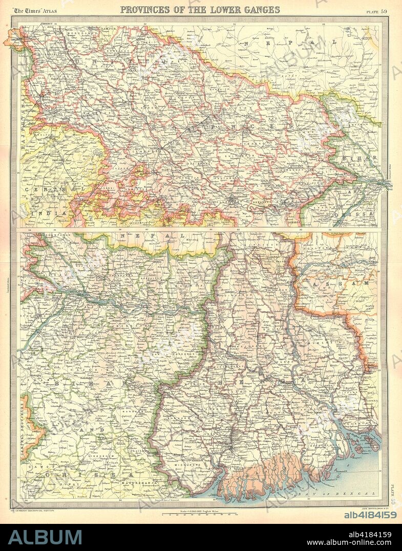 Map of the Provinces of the Lower Ganges. Map in two sections, showing Indian states through which the River Ganges flows, and the Ganges Delta in what is now Bangladesh. Plate 59 from The Times Atlas.