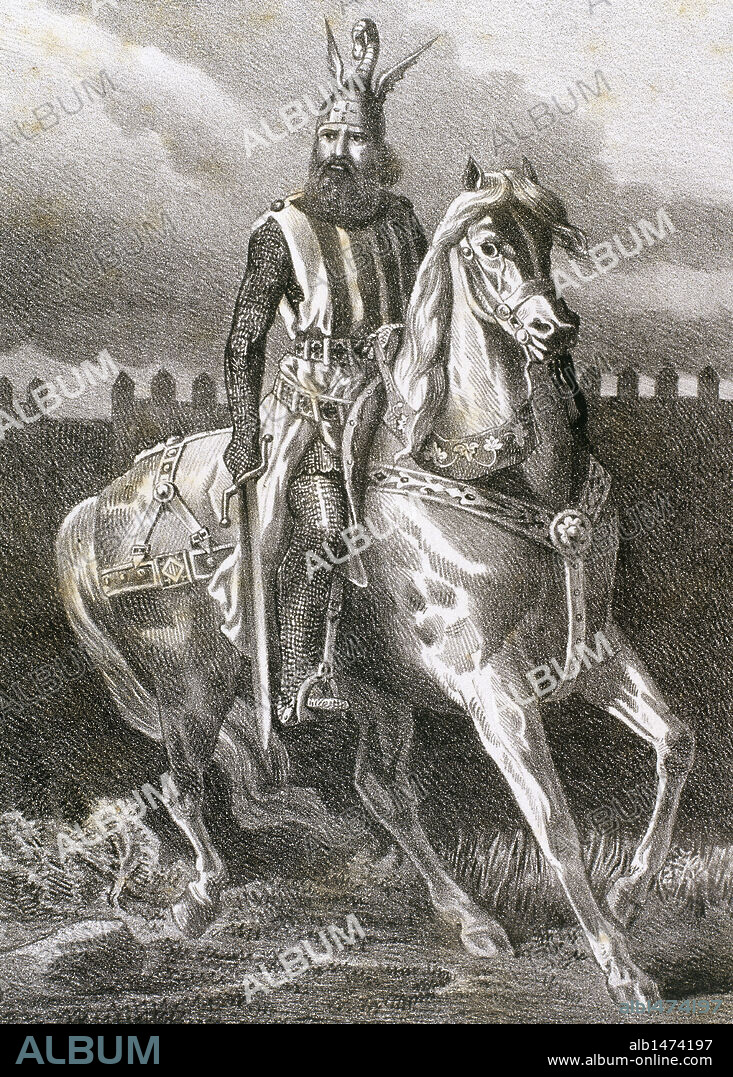 JAIME I "El Conquistador" (1208-1276). Conde de Barcelona y rey de Aragón (1213-1276). "EL REY JAIME I A CABALLO". Grabado del s. XIX.