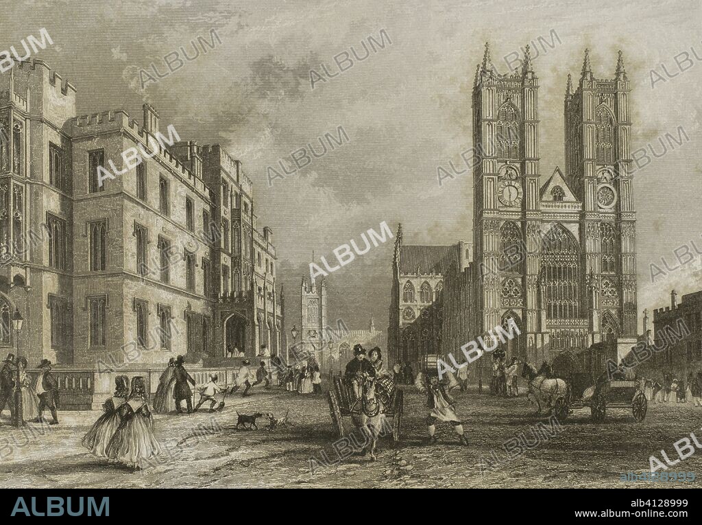 Reino Unido. Inglaterra. Londres. Westminster Hospital y Abadía de Westminster. El Hospital a la izquierda de la imagen. Dibujo por J. Salmon a partir de un boceto de Robert Garland (1808-1863). Grabado por John Woods. "London and its Environs", h. 1840 (Londres y sus Alrededores). Biblioteca Histórico Militar de Barcelona, Cataluña, España.